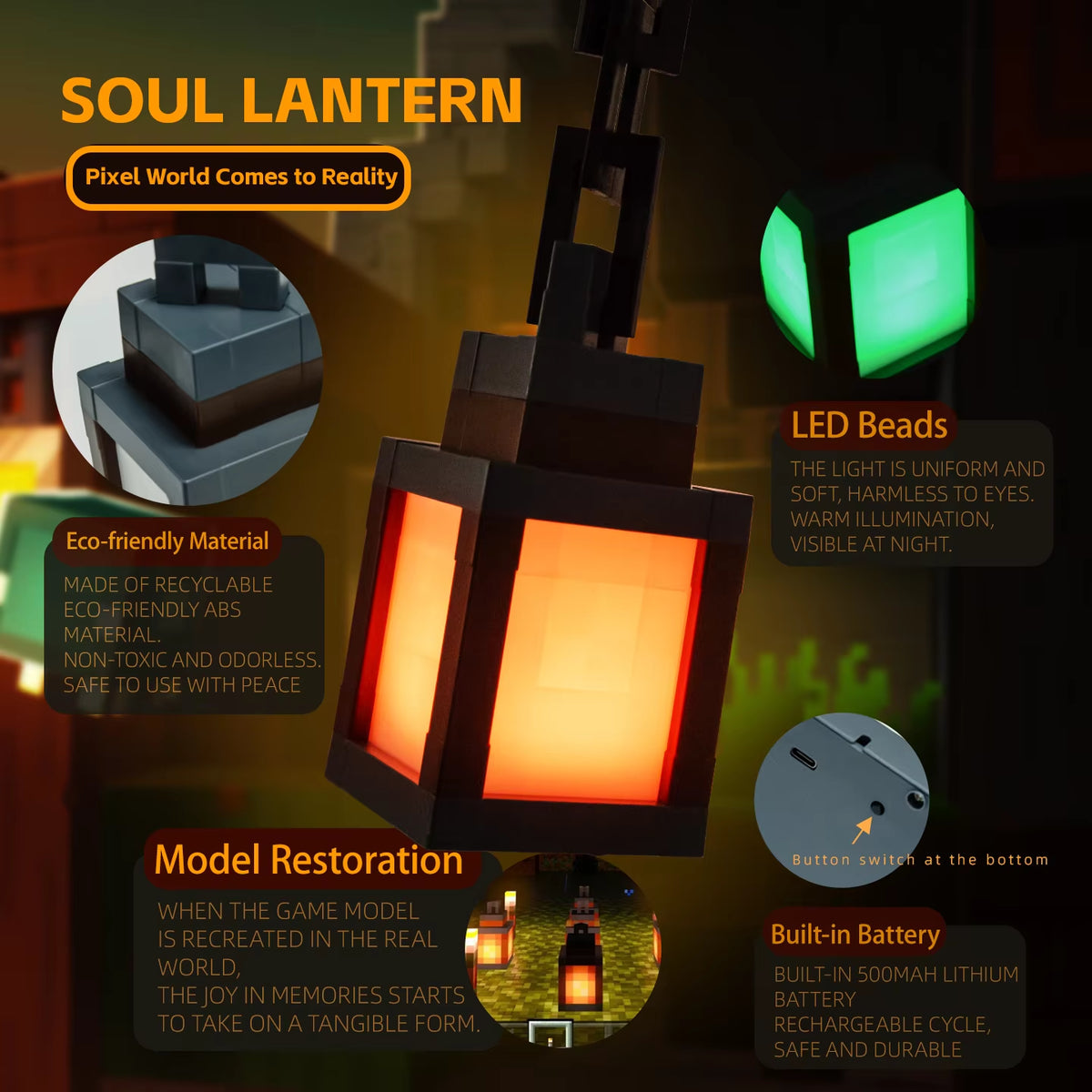 Pixel Style Portable Night Light Lantern - 16 Color Options for DIY Interior Decoration and Festive Ambiance